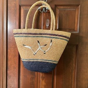 VTG Blue and Tan Woven Straw Bag with Seagulls. Gently used.